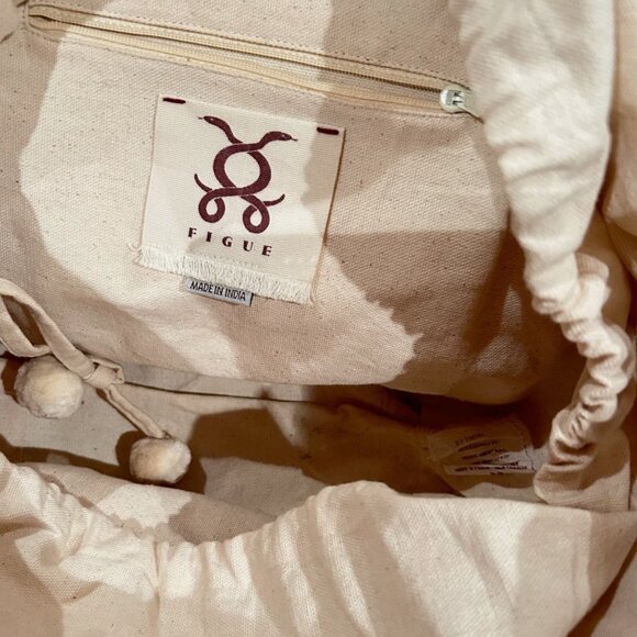 FIGUE Tuktuk Cotton Canvas Tote Bag Bohemian Style Cowrie Shells Pom Pom Purse - Picture 6 of 8
